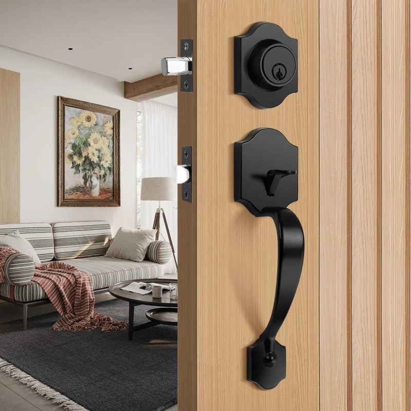 Tinewa Black Front Door Handle and Deadbolt Set, Front Door Lock Set, Entry Door Locksets with Deadbolt Single Cylinder, Reversible for Right and Left Handed - Image 2